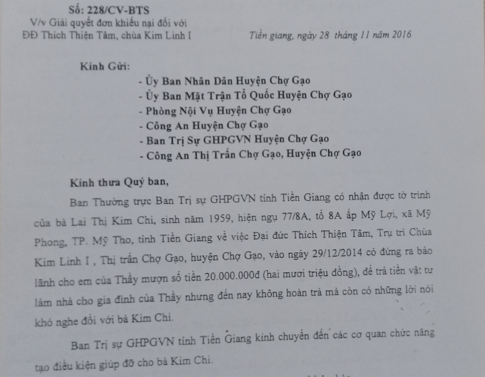 Văn bản bị cho l&agrave; ảnh hưởng đến danh dự của Đại đức Th&iacute;ch Thiện T&acirc;m.