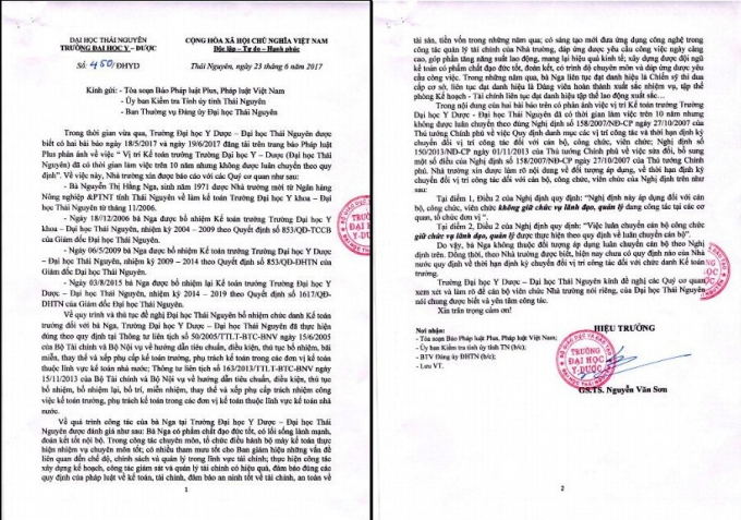 Li&ecirc;n quan đến sự việc, Trường Đại học Y - Dược Th&aacute;i Nguy&ecirc;n đ&atilde; c&oacute; văn bản số 450/ĐHYD gửi tới t&ograve;a soạn phản hồi về sự việc.