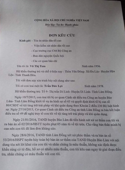 Đơn k&ecirc;u cứu của b&agrave; Vũ Thị Tem.
