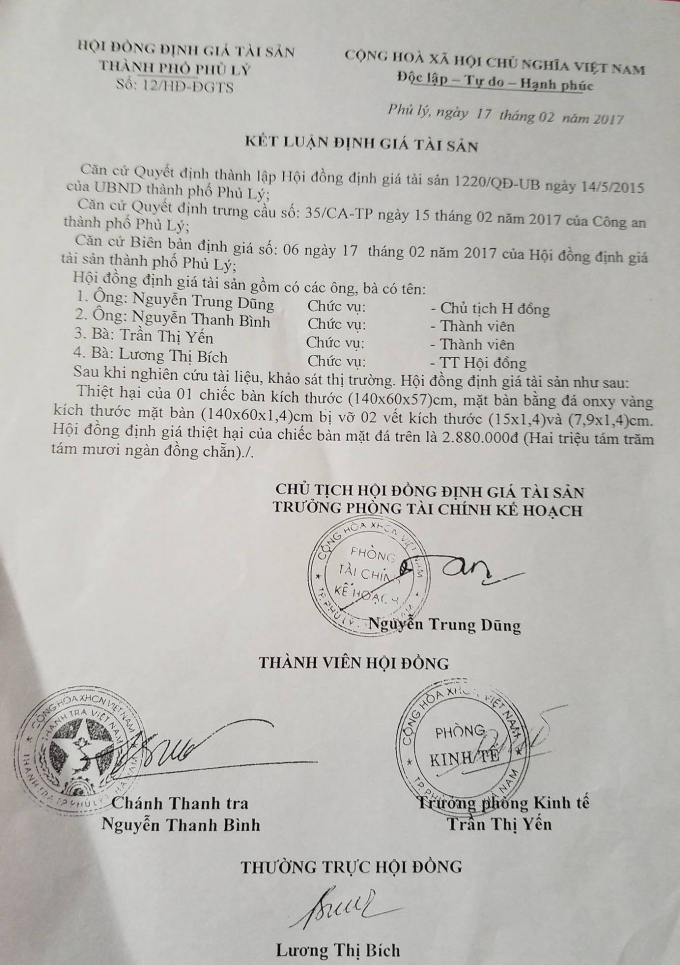 Kết luận định gi&aacute; t&agrave;i sản số:12/ĐH-ĐGTS của Hội đồng định gi&aacute; t&agrave;i sản TP Phủ L&yacute;, tỉnh H&agrave; Nam.