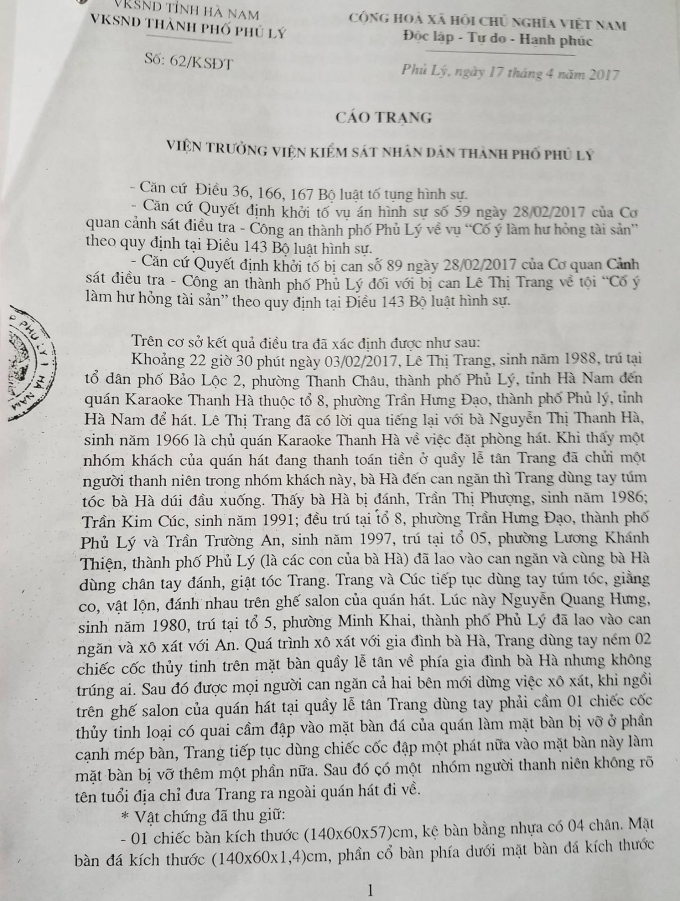Một phần nội dung bản Kết luận điều tra v&agrave; C&aacute;o trạng về vụ &aacute;n.