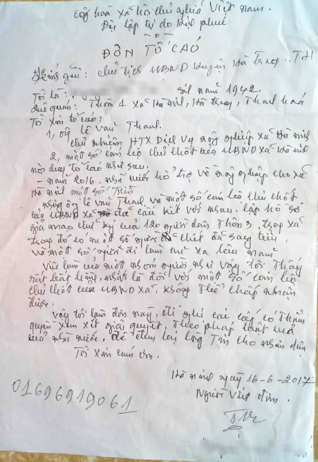 Đơn tố c&aacute;o vụ việc của người d&acirc;n x&atilde; H&agrave; Ninh.