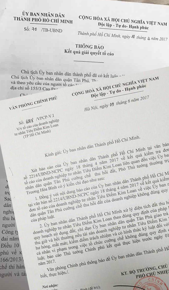 Th&ocirc;ng b&aacute;o kết quả giải quyết tố c&aacute;o của UBND TP HCM v&agrave; C&ocirc;ng văn số 6008/VPCP.VI của Văn ph&ograve;ng Ch&iacute;nh phủ.