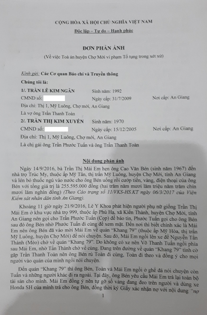 Đơn phản &aacute;nh của b&agrave;&nbsp;của b&agrave; Trần L&ecirc; Kim Ng&acirc;n.