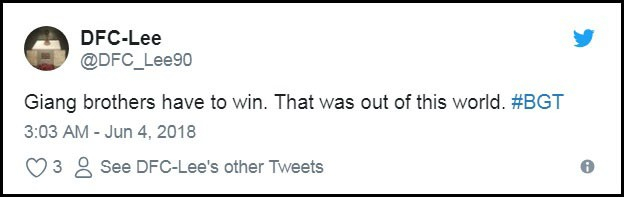 T&agrave;i khoản DFC-Lee: &ldquo;Giang Brothers phải gi&agrave;nh chiến thắng. Tiết mục n&agrave;y qu&aacute; huyền diệu phi thường&rdquo;.