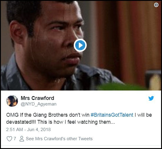 T&agrave;i khoản Mrs Crawford: &ldquo;Ch&uacute;a ơi, nếu Giang Brothers m&agrave; kh&ocirc;ng gi&agrave;nh chiến thắng, t&ocirc;i sẽ bị suy sụp đấy nh&eacute;!!! Biểu cảm trong clip n&agrave;y giống hệt t&ocirc;i khi xem họ biểu diễn...&rdquo;.