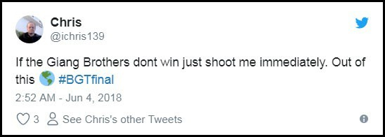T&agrave;i khoản Chris: &ldquo;Nếu Giang Brothers m&agrave; kh&ocirc;ng gi&agrave;nh chiến thắng, giết t&ocirc;i ngay đi. Một tiết mục kh&ocirc;ng tưởng!&rdquo;.