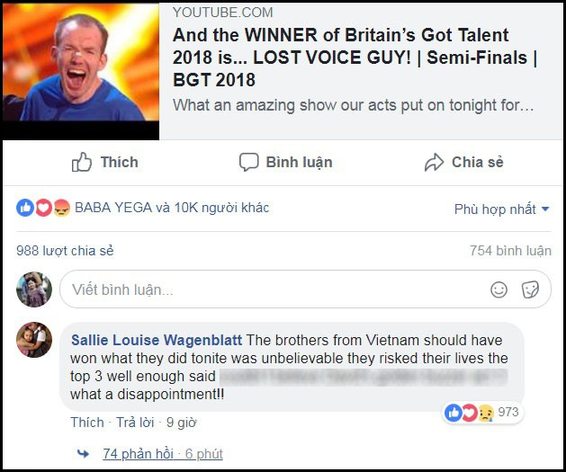 Hiện tại, l&uacute;c n&agrave;y, tr&ecirc;n trang fanpage (Facebook) của cuộc thi, dưới clip của t&acirc;n qu&aacute;n qu&acirc;n, b&igrave;nh luận nhận được nhiều hưởng ứng nhất l&agrave; của t&agrave;i khoản Sallie Louise Wagenblatt: