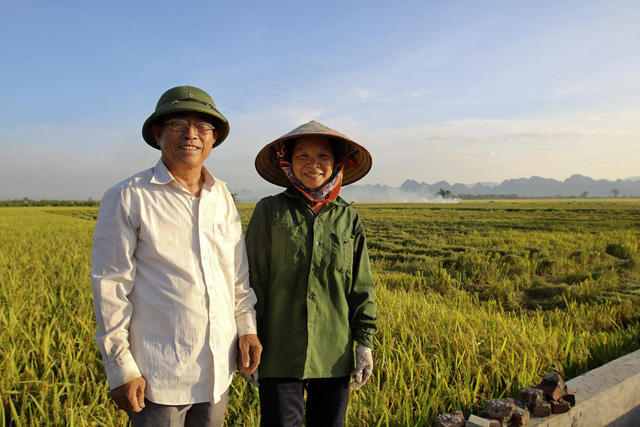 Ch&acirc;n dung những người n&ocirc;ng d&acirc;n Mỹ Đức b&ecirc;n đồng ruộng. Vợ chồng b&aacute;c Nguyễn Ngọc Uy&ecirc;n v&agrave; Ng&ocirc; Thị Thuấn c&oacute; tất cả 4 s&agrave;o ruộng, năm nay l&uacute;a được m&ugrave;a, mỗi s&agrave;o cũng cho thu hoạch khoảng 2,8 tạ th&oacute;c.