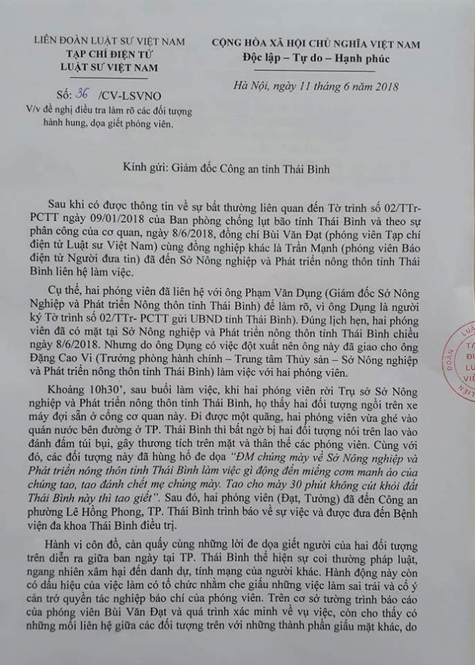 Tạp ch&iacute; điện tử Luật sư Việt Nam đ&atilde; c&oacute; c&ocirc;ng văn gửi Gi&aacute;m đốc C&ocirc;ng an tỉnh Th&aacute;i B&igrave;nh.