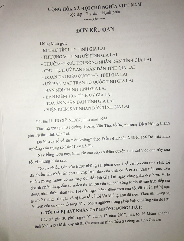 Đơn k&ecirc;u oan của &ocirc;ng Hồ Sỹ Nh&acirc;n gửi cơ quan chức năng.