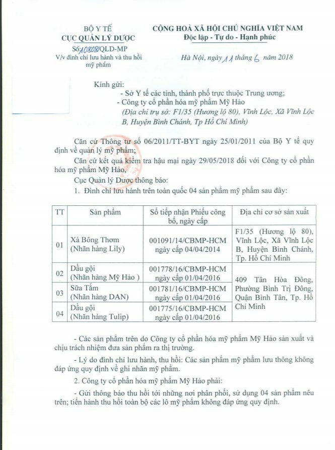Văn bản Cục Quản l&yacute; dược y&ecirc;u cầu đ&igrave;nh chỉ v&agrave; thu hồi 4 sản phẩm mỹ phẩm do C&ocirc;ng ty Mỹ Hảo sản xuất.