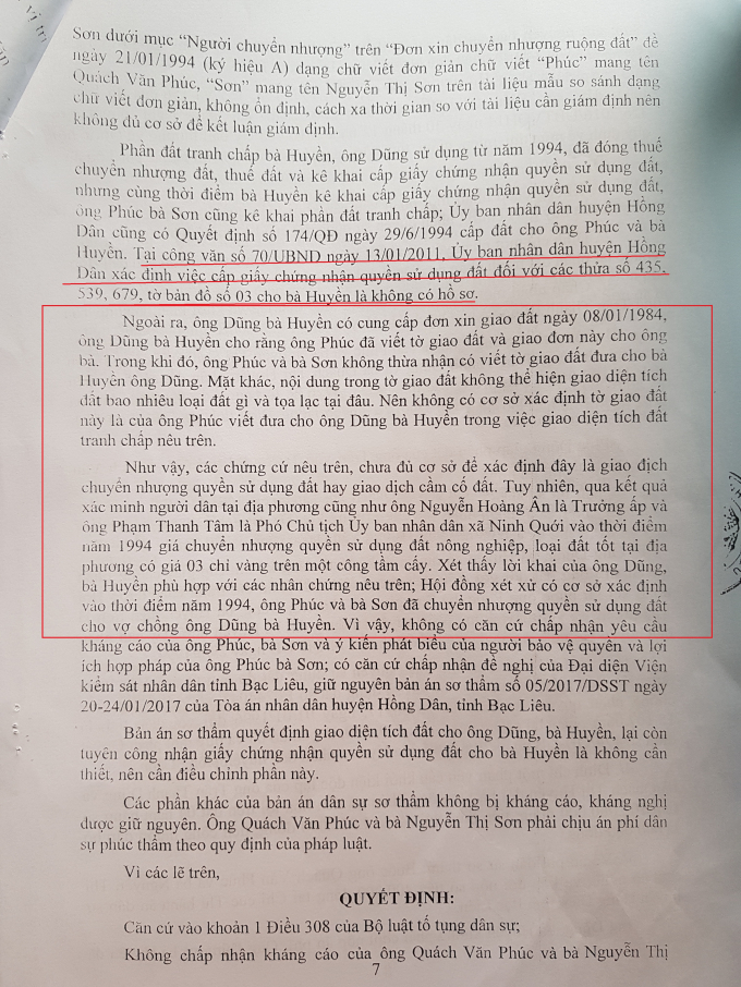 Những lập luận của TAND tỉnh Bạc Li&ecirc;u khiến người d&acirc;n kh&ocirc;ng thuyết phục.
