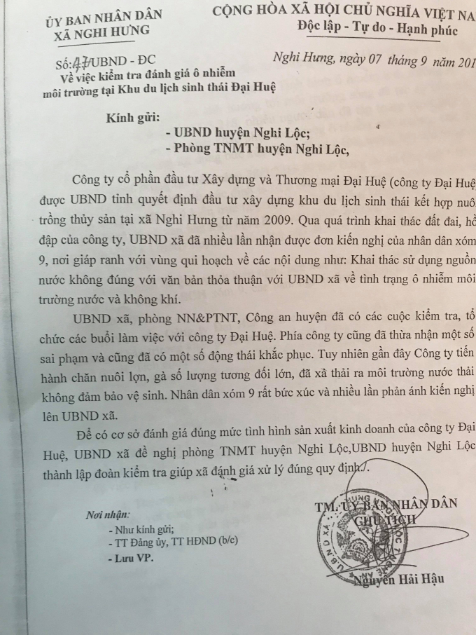 Văn bản của UBND x&atilde; Nghi Hưng, trong đ&oacute; ph&iacute;a c&ocirc;ng ty Đại Huệ cũng thừa nhận những sai phạm trong qu&aacute; tr&igrave;nh hoạt động.