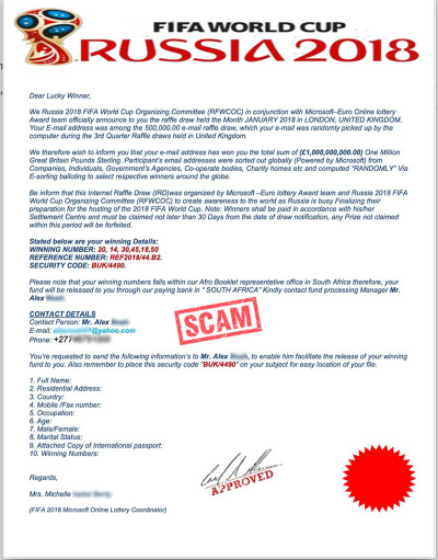 Một dạng email giả mạo th&ocirc;ng b&aacute;o tr&uacute;ng v&eacute; xem World Cup 2018 tại Nga.