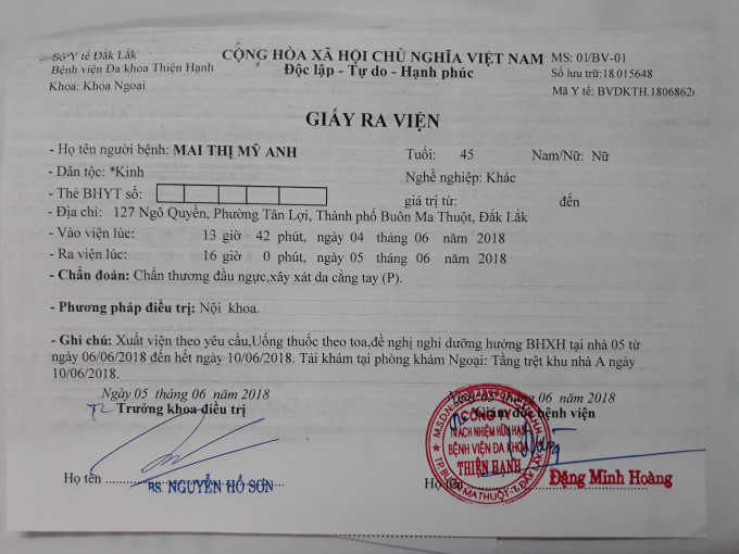 Bệnh &aacute;n của b&agrave; Mai Thị Mỹ Anh bị chấn thương đầu, ngực, x&acirc;y x&aacute;t da cẳng tay phải.