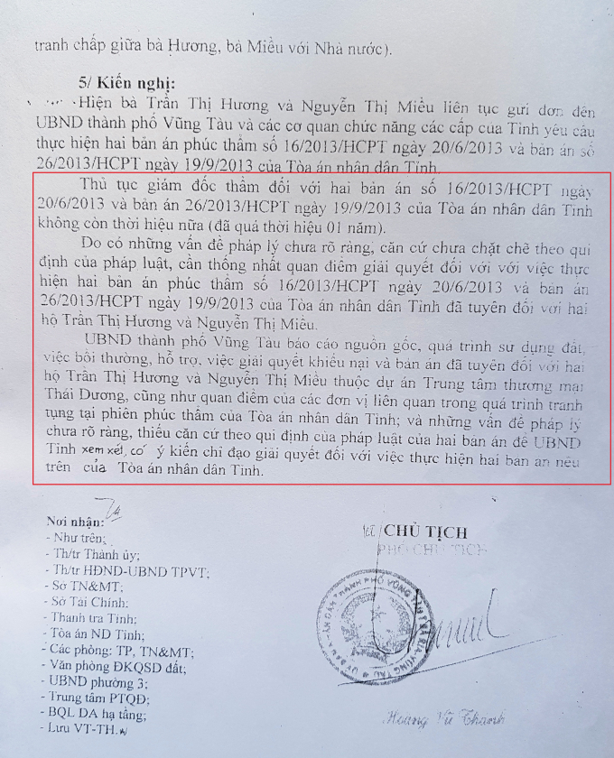 Văn bản số 420/UBND-PTQĐ gửi UBND tỉnh BR-VT b&aacute;o c&aacute;o việc thực hiện 2 bản &aacute;n ph&uacute;c thẩm của TAND tỉnh BR-VT, trong đ&oacute; cũng cho rằng bản &aacute;n c&oacute; ph&aacute;p l&yacute; chưa r&otilde; r&agrave;ng.