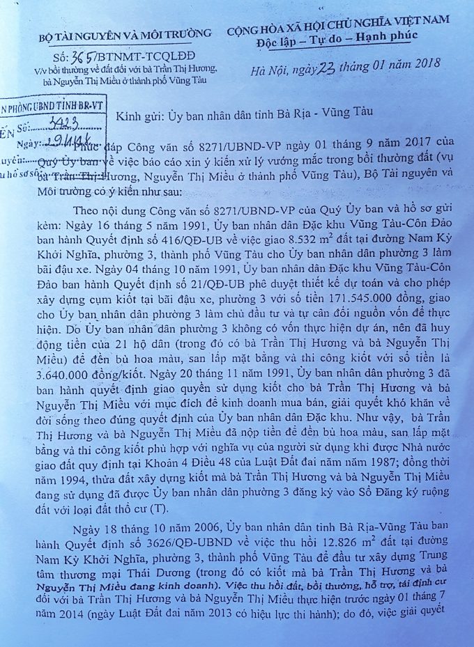 Văn bản số 365/BTNMT-TCQLĐĐ của Bộ TN&amp;amp;amp;MT gửi UBND tỉnh BR-VT cho biết, trường hợp b&agrave; Hương v&agrave; b&agrave; Miều được bồi thường về đất.