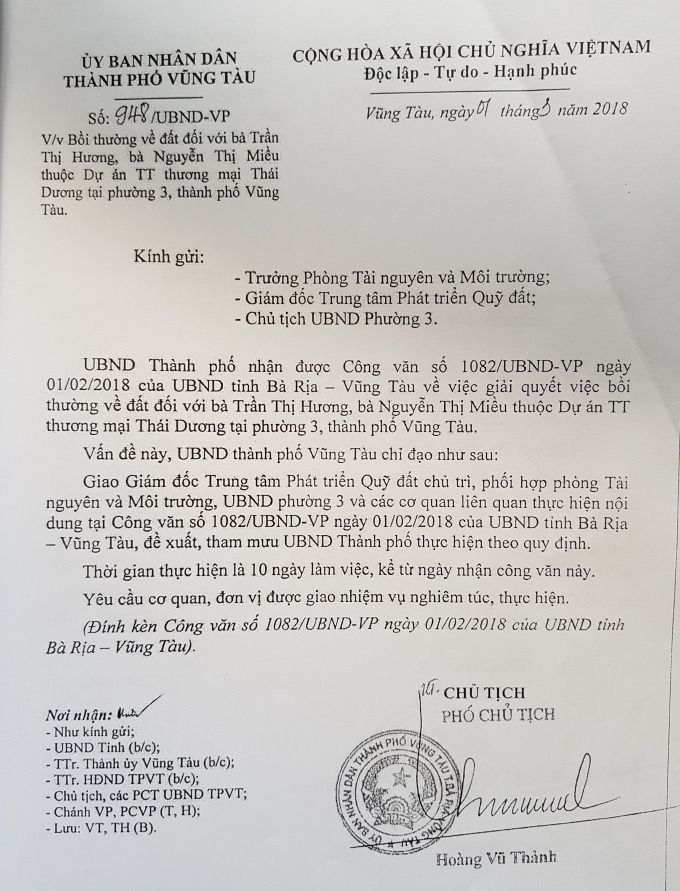 Văn bản của UBND TP Vũng T&agrave;u đ&aacute; tr&aacute;ch nhiệm cho Trung t&acirc;m PTQĐ.