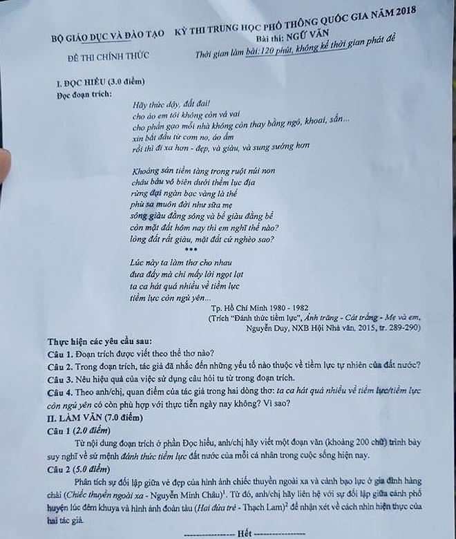 Đề thi m&ocirc;n Ngữ Văn, kỳ thi THPT quốc gia 2018.