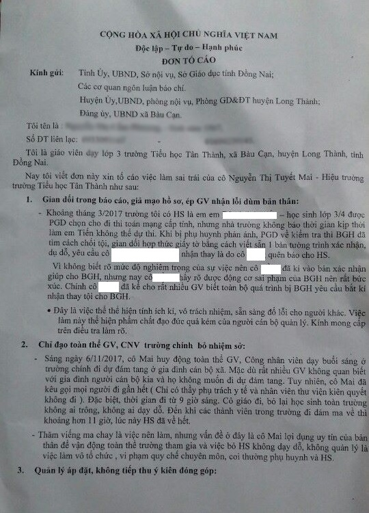 Đơn tố c&aacute;o Hiệu trưởng Trường tiểu học T&acirc;n Th&agrave;nh.
