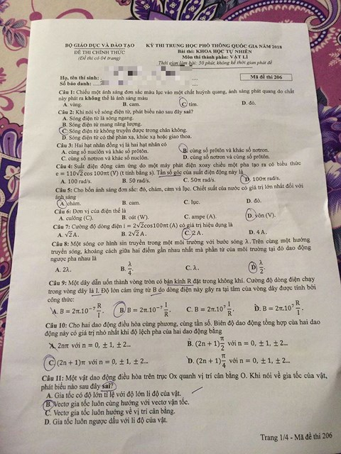Đề thi m&ocirc;n Vật L&yacute; - m&atilde; đề 206.