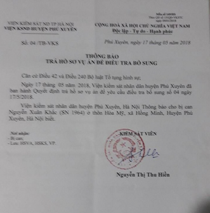 Th&ocirc;ng b&aacute;o trả hồ sơ điều tra bổ sung vụ &aacute;n.