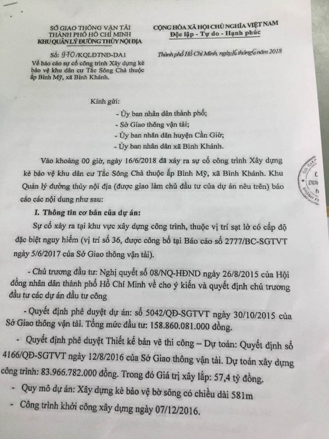 B&aacute;o c&aacute;o sự cố c&ocirc;ng tr&igrave;nh X&acirc;y dựng k&egrave; bảo vệ khu d&acirc;n cư Tắc S&ocirc;ng Ch&agrave;.