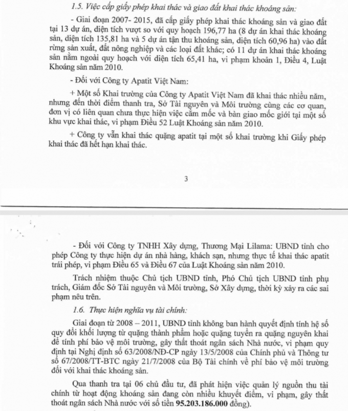 Văn bản của Thanh tra ch&iacute;nh phủ đ&atilde; chỉ r&otilde; những sai phạm của tỉnh L&agrave;o Cai.