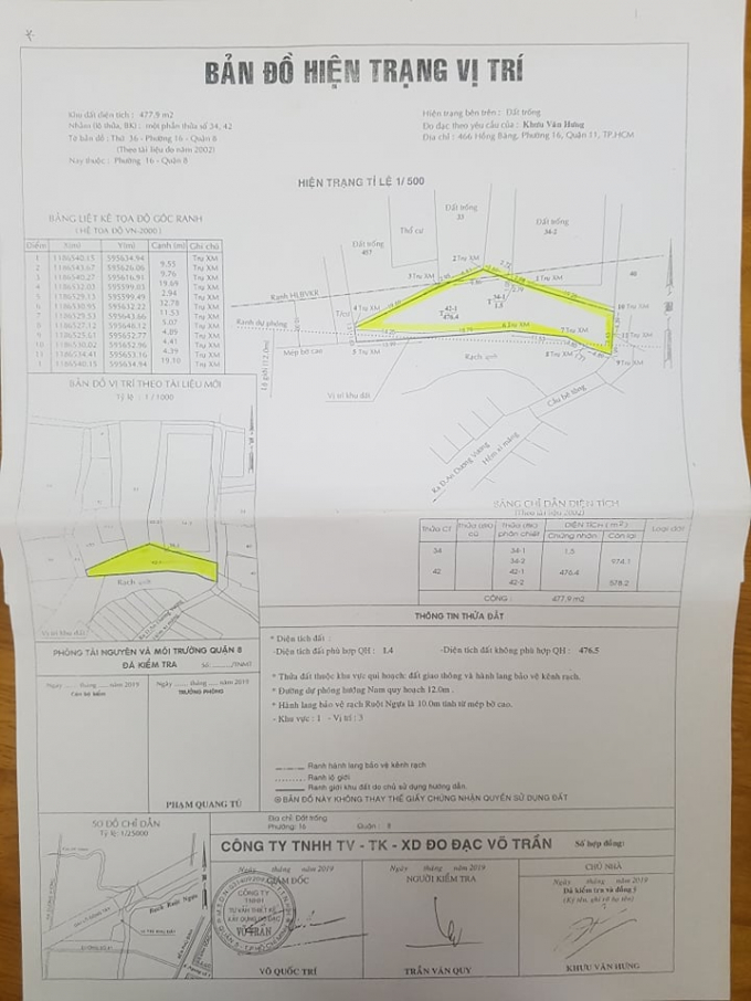 Vị trí khu đất (phần bôi vàng) thuộc một phần thửa 42, tờ bản đồ số 36 trước đây thuộc hành lang bảo vệ kênh rạch, nơi được cho là đang tranh chấp.
