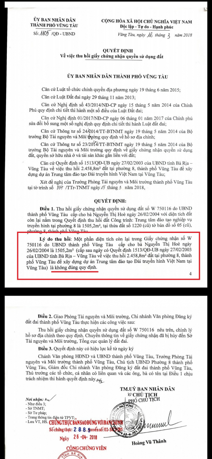 Quyết định thu hồi GCN QSDĐ của gia đ&igrave;nh b&agrave; H&ograve;e quản l&yacute;, sử dụng h&agrave;ng chục năm qua, UBND tỉnh B&agrave; Rịa &ndash; Vũng T&agrave;u thừa nhận cấp sai, nhưng đ&acirc;y lại l&agrave; căn cứ để ra h&agrave;ng loạt c&aacute;c quyết định kh&aacute;c giải quyết li&ecirc;n quan đến quyền lợi gia đ&igrave;nh b&agrave; H&ograve;e.