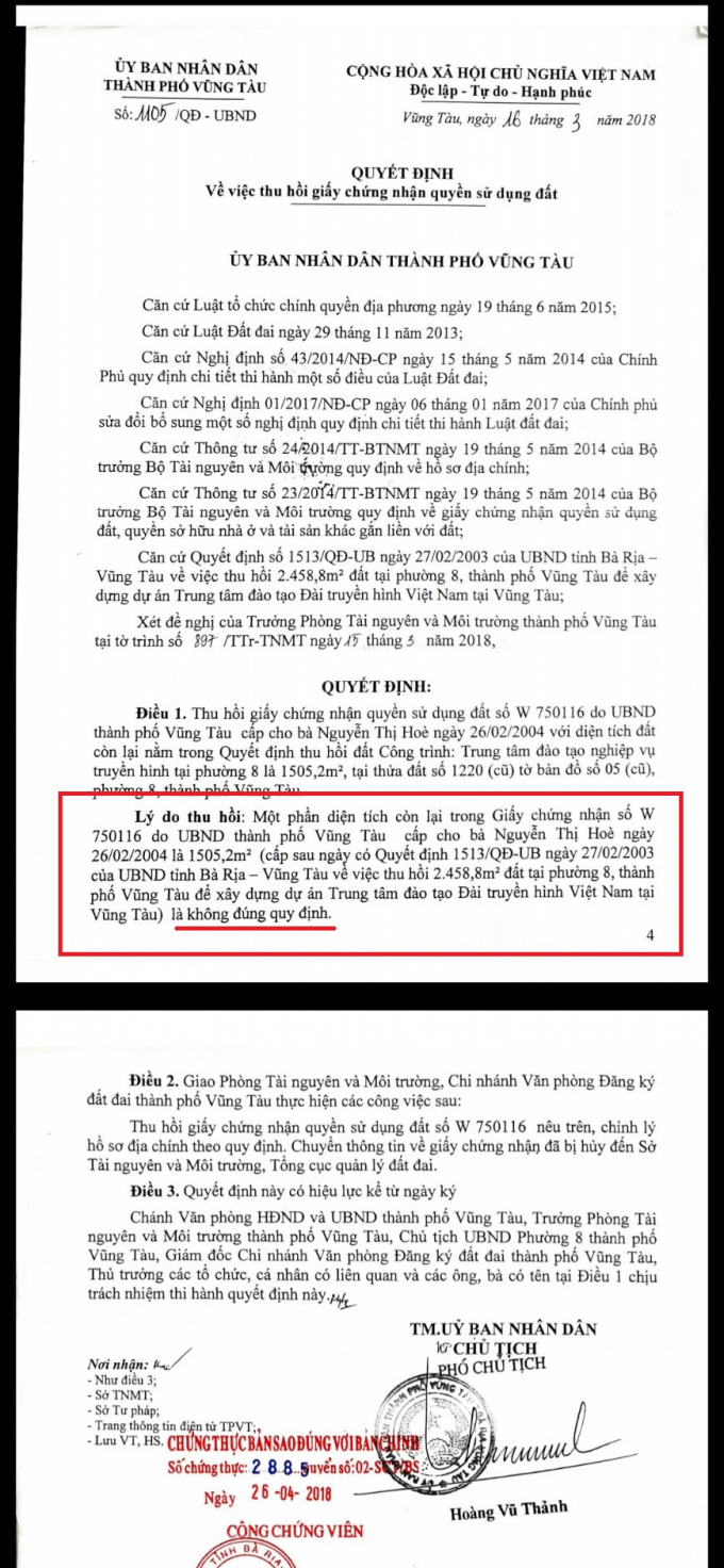 Quyết định thu hồi GCN QSDĐ của gia đình bà Hòe quản lý, sử dụng hàng chục năm qua, UBND tỉnh Bà Rịa – Vũng Tàu thừa nhận cấp sai, nhưng đây lại là căn cứ để ra hàng loạt các quyết định khác giải quyết liên quan đến quyền lợi gia đình bà Hòe.