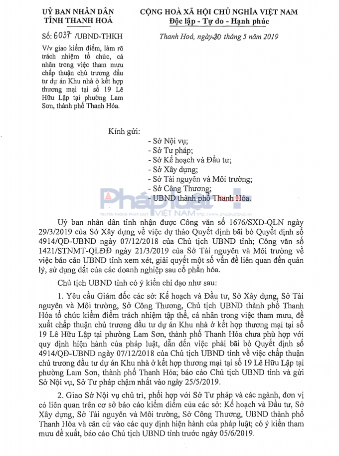 Chủ tịch UBND tỉnh Thanh Hóa chỉ đạo kiểm điểm các Sở do tham mưu sai quy định pháp luật