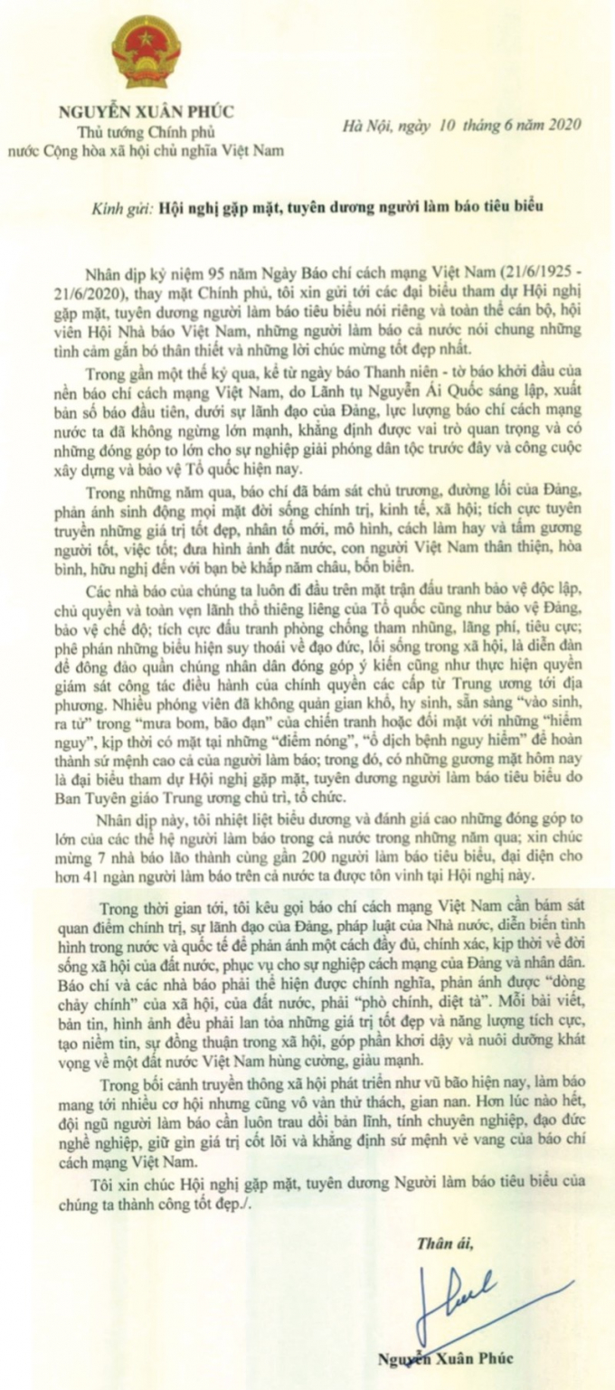 Thư chúc mừng nhân Ngày Báo chí cách mạng Việt Nam của Thủ tướng Nguyễn Xuân Phúc.