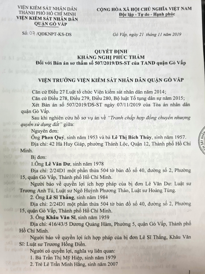 Quyết định kháng nghị bản án sơ thẩm của Viện Kiểm sát nhân dân quận Gò Vấp.