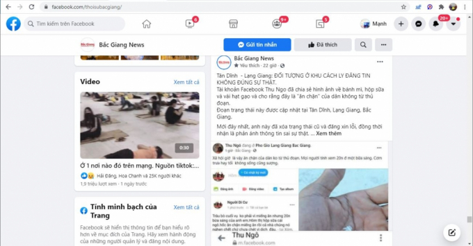 Thông in Fanpage Bắc Giang News chia sẻ