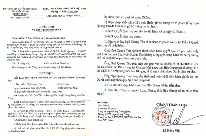 Sở Thông tin và truyền thông tỉnh Bắc Giang xử phạt Ngô Quang Thu