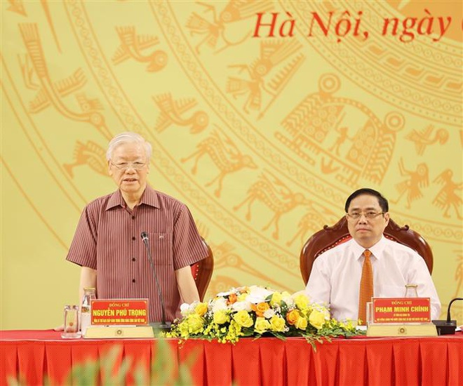 Tổng Bí thư Nguyễn Phú Trọng và Thủ tướng Phạm Minh Chính tại hội nghị.