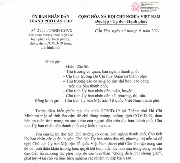 Công văn 2186 của UBND TP Cần Thơ