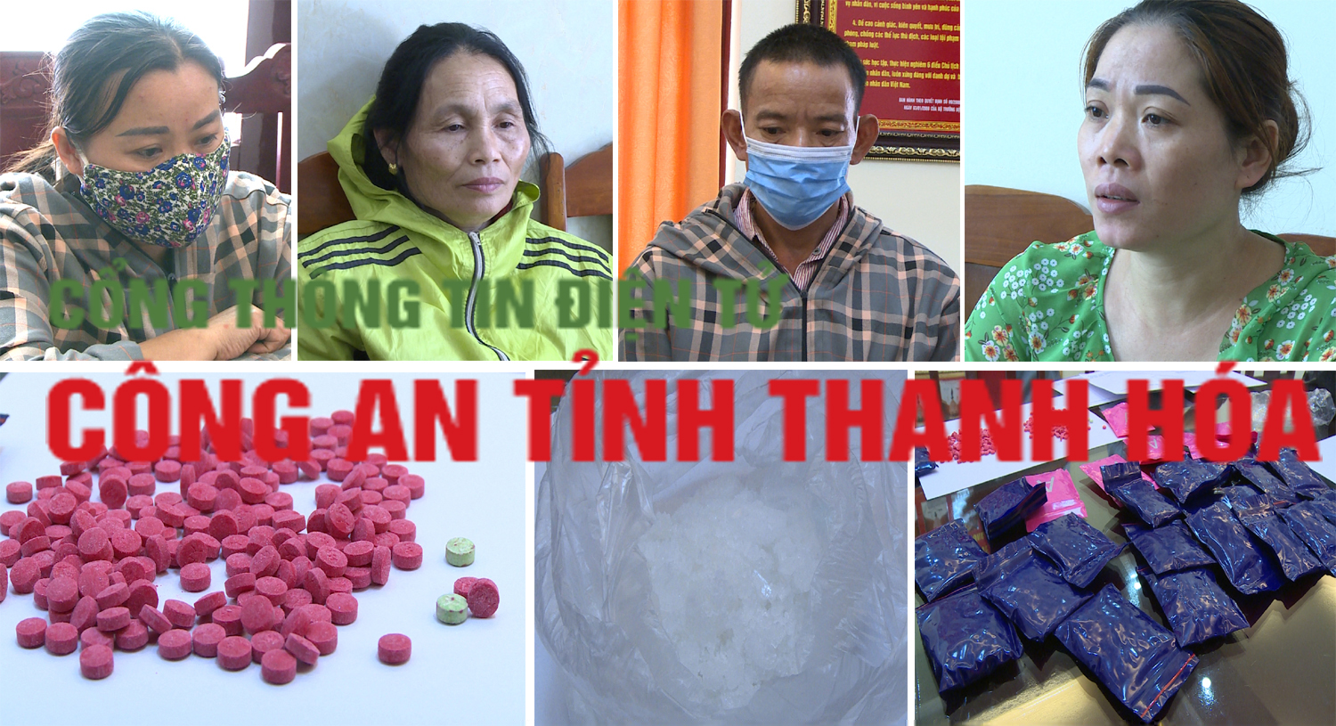 Các đối tượng (Từ trái qua phải): Sáo, Mạch, Quý, Mừng cùng các tang vật thu được