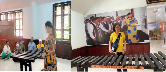 Các thành viên trong đoàn thiện nguyện say mê thưởng thức và thử đánh đàn đá.