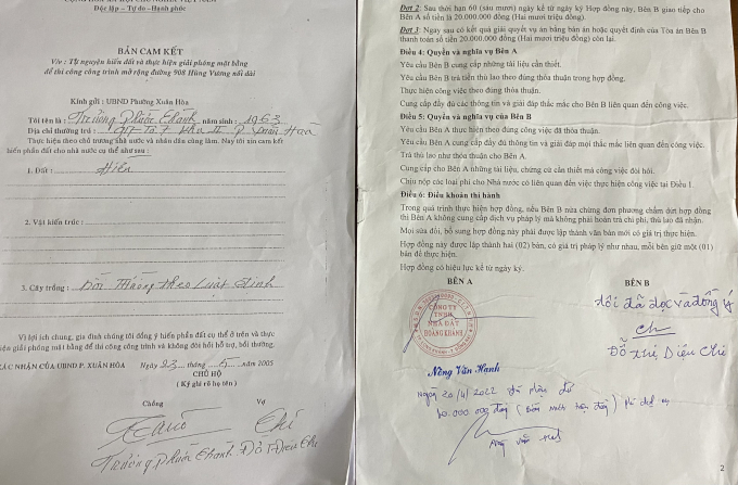 Chữ k&iacute; của b&agrave; Chi trong bi&ecirc;n bản cam kết hiến đất (b&ecirc;n tr&aacute;i) v&agrave; chữ k&iacute; của b&agrave; Chi do b&agrave; Mai cung cấp (b&ecirc;n phải)