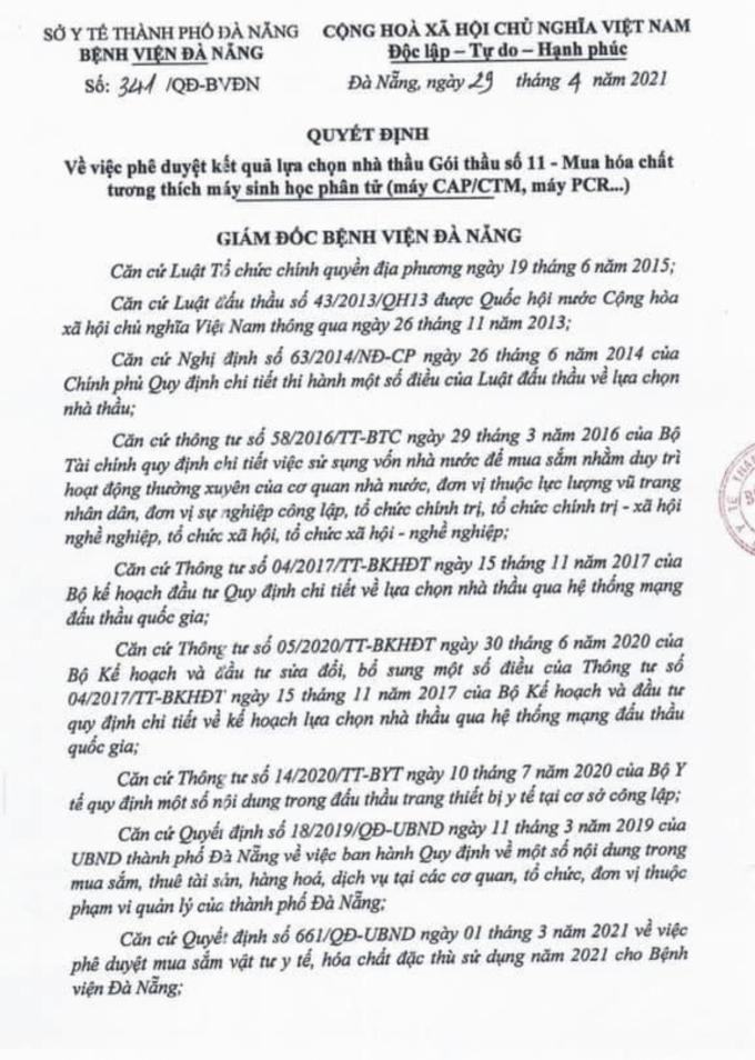Quyết định số 341/QĐBVĐN phê duyệt kết quả lựa chọn nhà thầu Gói thầu số 11- Mua hoá chất tương thích máy sinh học phân tử ( máy CAP/CTM, máy PCR…) cho Công ty TNHH Thiết bị Y tế Bình Minh