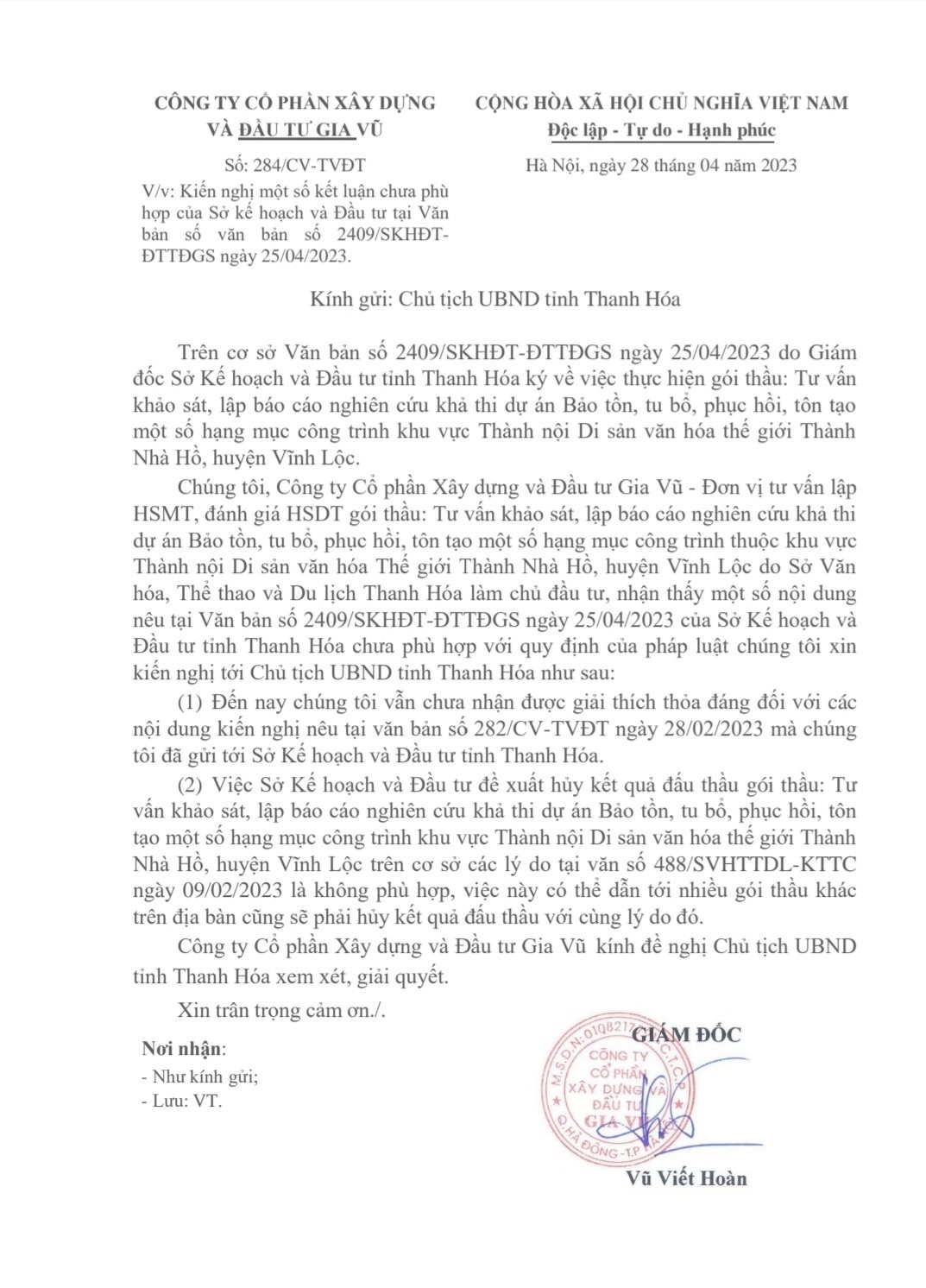 Công văn số 284/CV-TVĐT ngày 28/02/2023 của Cty Gia Vũ gửi Chủ tịch UBND tỉnh Thanh Hóa.