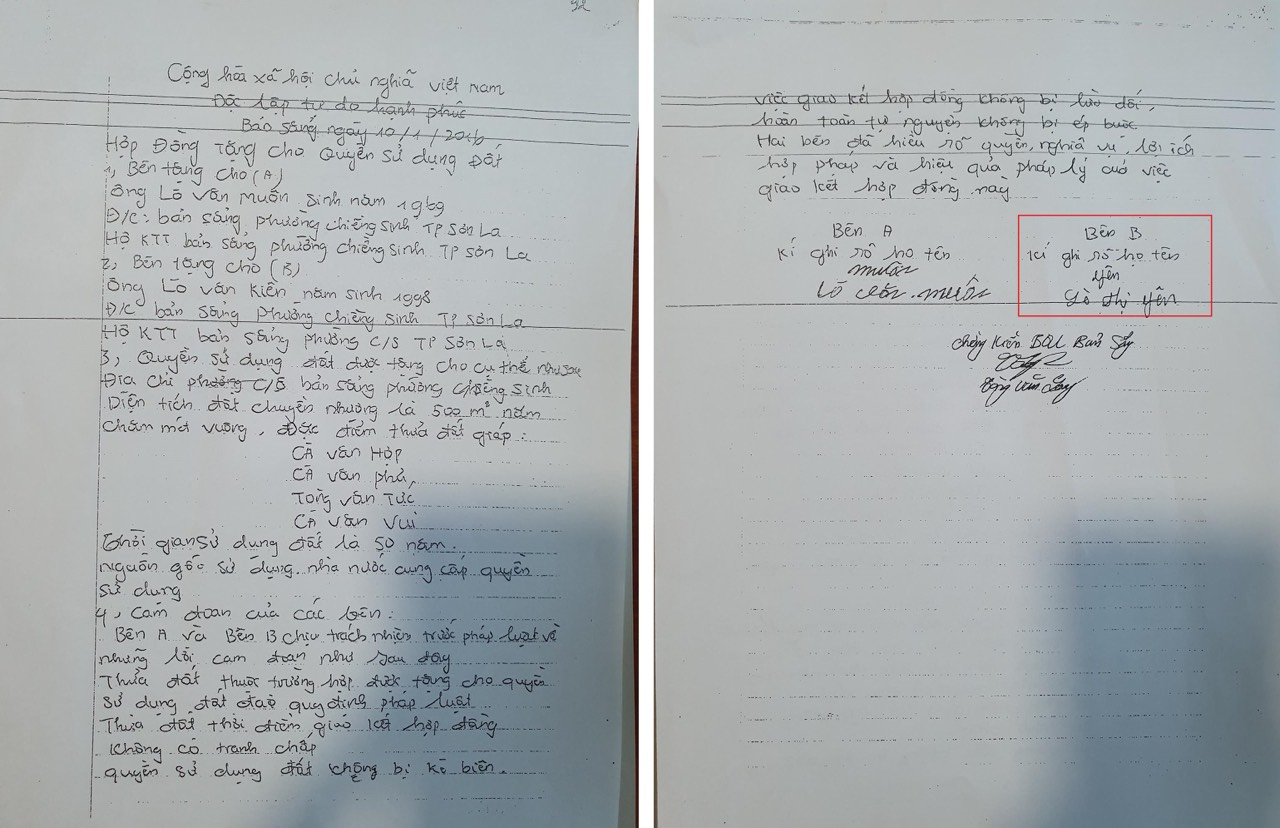 Hợp đồng cho tặng đất 500m2 giữa ông Lò Văn Muôn cho con là anh Lò Văn Kiên nhưng người ký tên lại là bà Lò Thị Yên (em gái ông Lò Văn Muôn).