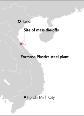 Đồ họa c&aacute;c khu vực c&oacute; t&igrave;nh trạng c&aacute; chết h&agrave;ng loạt ngay gần C&ocirc;ng ty Formosa H&agrave; Tĩnh. (Ảnh: Nikkei)
