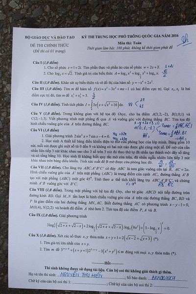 Đề thi To&aacute;n THPT Quốc gia 2016.