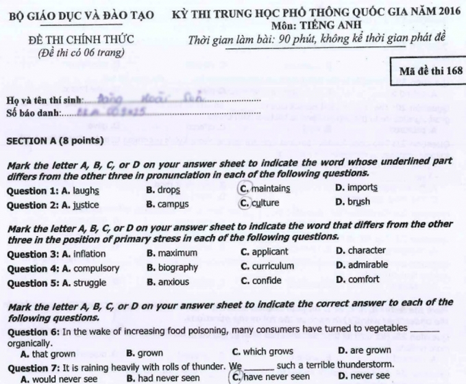Đề thi v&agrave; đ&aacute;p &aacute;n m&ocirc;n Ngoại ngữ kỳ thi THPT Quốc gia 2016