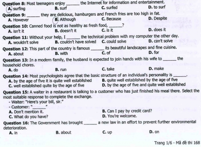 Đề thi v&agrave; đ&aacute;p &aacute;n m&ocirc;n Ngoại ngữ kỳ thi THPT Quốc gia 2016