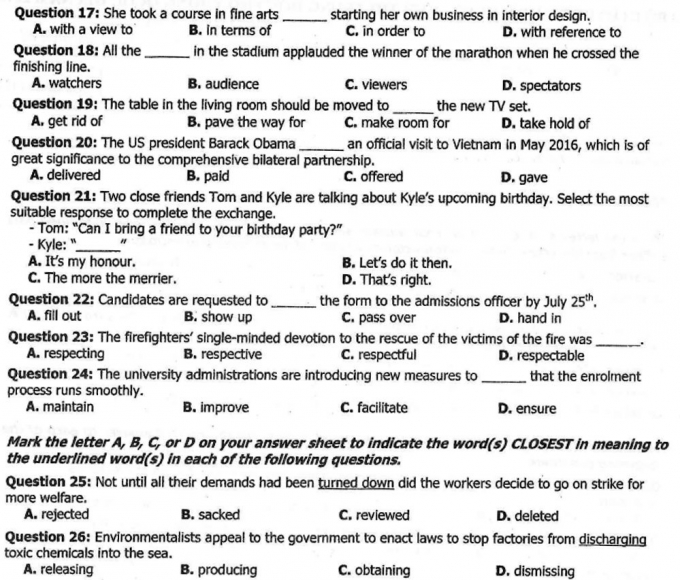 Đề thi v&agrave; đ&aacute;p &aacute;n m&ocirc;n Ngoại ngữ kỳ thi THPT Quốc gia 2016